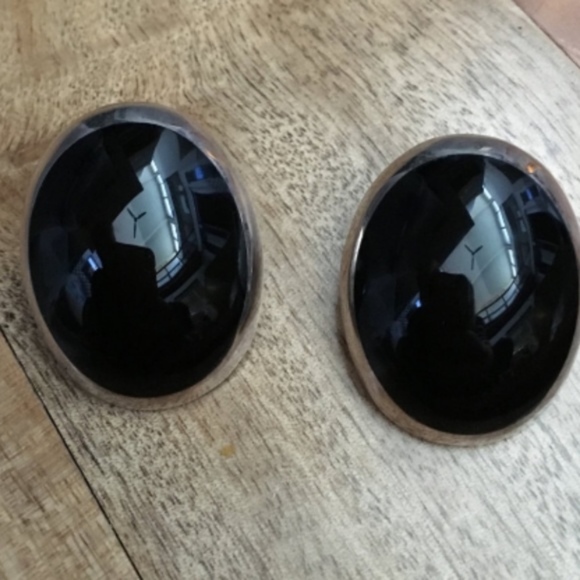 Mexican MODERN Oval, Onyx, and SS Earrings - Picture 1 of 3